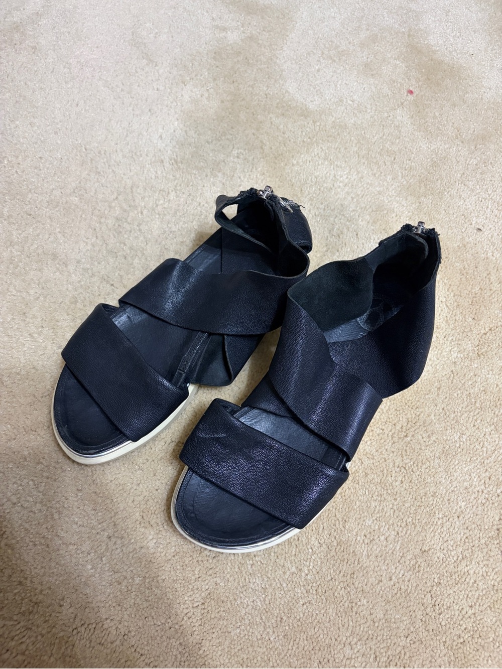 Womens Black Strappy Zip-Back Flat Sandals